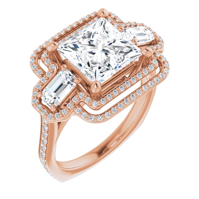 10K Rose Gold Customizable Enhanced 3-stone Style with Princess/Square Cut Center, Emerald Cut Accents, Double Halo and Thin Shared Prong Band