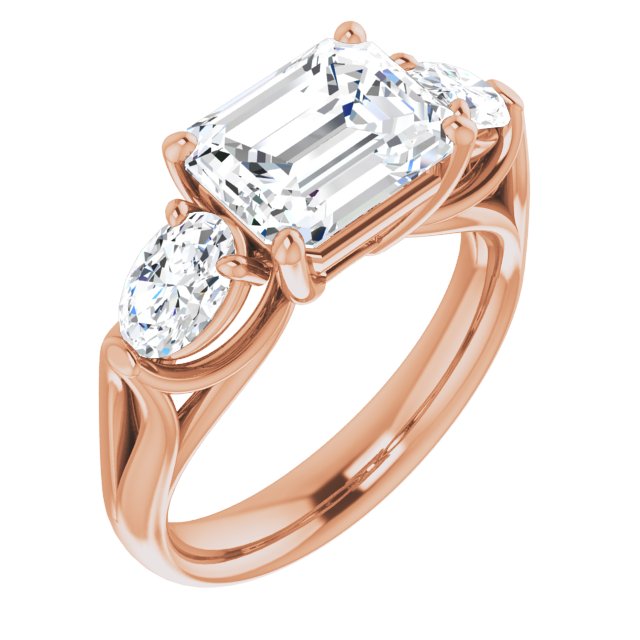 10K Rose Gold Customizable Cathedral-set 3-stone Emerald/Radiant Cut Style with Dual Oval Cut Accents & Wide Split Band