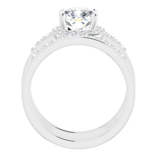 Cubic Zirconia Engagement Ring- The Jersey (Customizable Cushion Cut Halo Design with Open, Ultrawide Harness Double Pavé Band)
