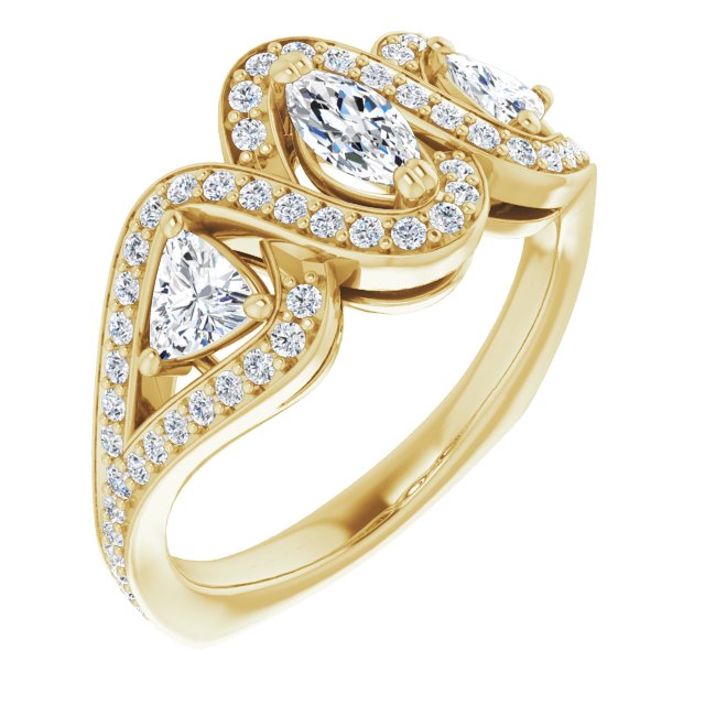 14K Yellow Gold Customizable Marquise Cut Center with Twin Trillion Accents, Twisting Shared Prong Split Band, and Halo