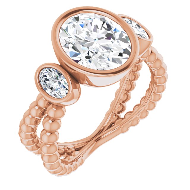 10K Rose Gold Customizable 3-stone Oval Cut Design with 2 Oval Cut Side Stones and Wide, Bubble-Bead Split-Band