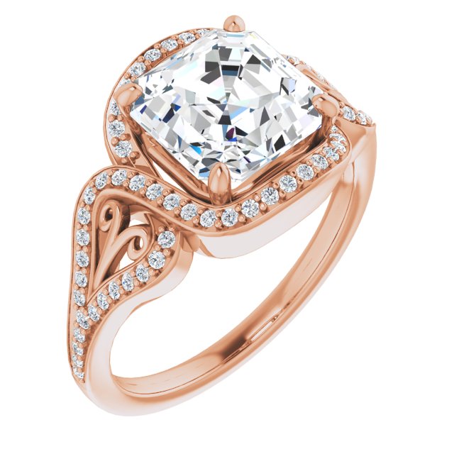 10K Rose Gold Customizable Asscher Cut Design with Bypass Halo and Split-Shared Prong Band