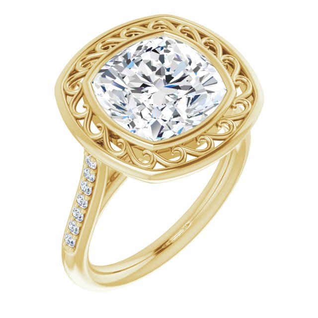 10K Yellow Gold Customizable Cathedral-Bezel Cushion Cut Design with Floral Filigree and Thin Shared Prong Band
