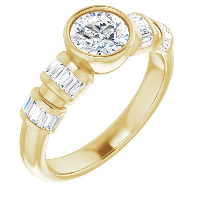 10K Yellow Gold Customizable Bezel-set Round Cut Design with Quad Horizontal Band Sleeves of Baguette Accents