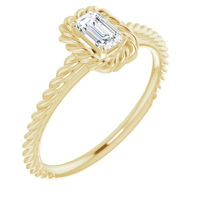 10K Yellow Gold Customizable Cathedral-set Emerald/Radiant Cut Solitaire with Thin Rope-Twist Band
