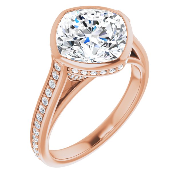 10K Rose Gold Customizable Cathedral-Bezel Cushion Cut Design with Under Halo and Shared Prong Band