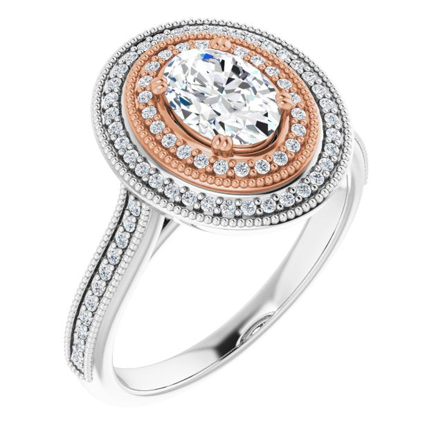 14K White & Rose Gold Customizable Oval Cut Design with Elegant Double Halo, Houndstooth Milgrain and Band-Channel Accents