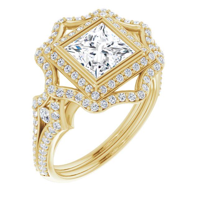 10K Yellow Gold Customizable Princess/Square Cut Style with Ultra-wide Pavé Split-Band and Nature-Inspired Double Halo