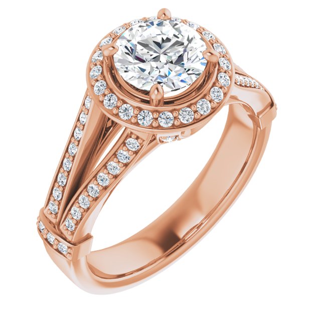 10K Rose Gold Customizable Round Cut Setting with Halo, Under-Halo Trellis Accents and Accented Split Band