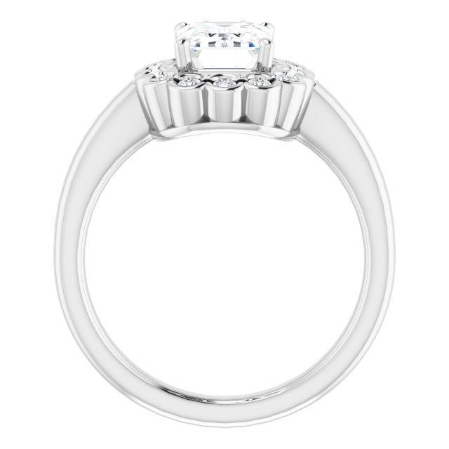 Cubic Zirconia Engagement Ring- The Aabha (Customizable 13-stone Emerald Cut Design with Floral-Halo Round Bezel Accents)