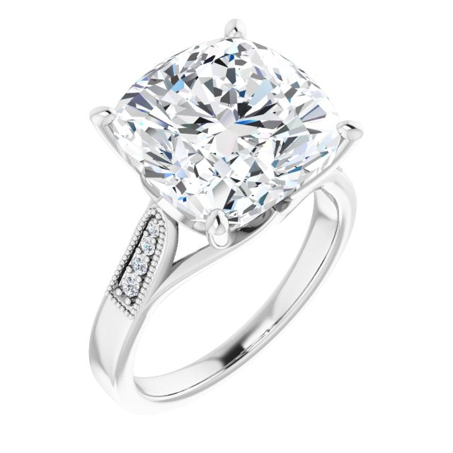 10K White Gold Customizable 9-stone Vintage Design with Cushion Cut Center and Round Band Accents