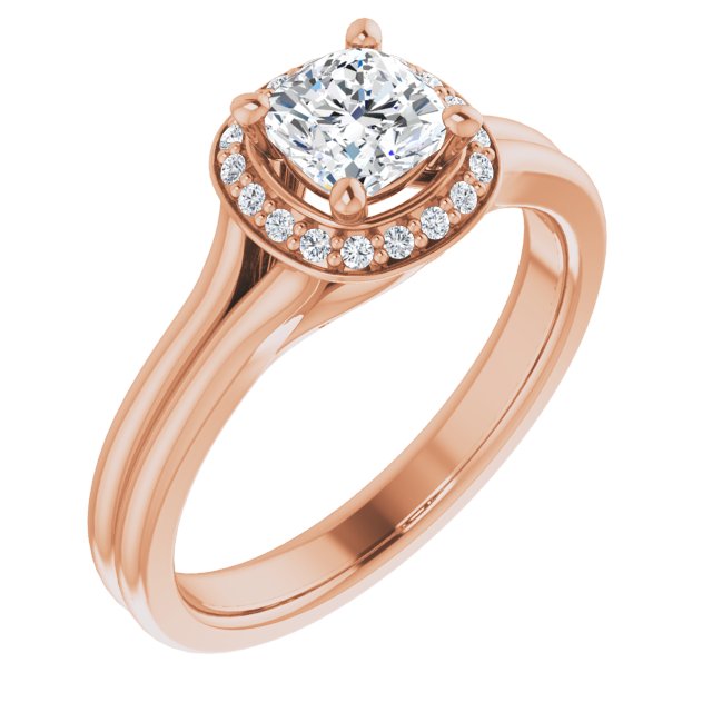 10K Rose Gold Customizable Cathedral-set Cushion Cut Design with Split-band & Halo Accents