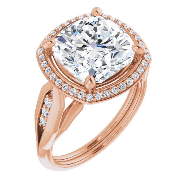 10K Rose Gold Customizable Cathedral-raised Cushion Cut Design with Halo and Tri-Cluster Band Accents