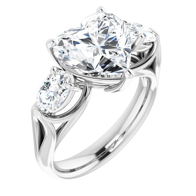 10K White Gold Customizable Cathedral-set 3-stone Heart Cut Style with Dual Oval Cut Accents & Wide Split Band