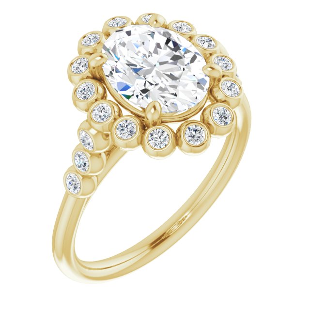 10K Yellow Gold Customizable Oval Cut Cathedral-Style Clustered Halo Design with Round Bezel Accents