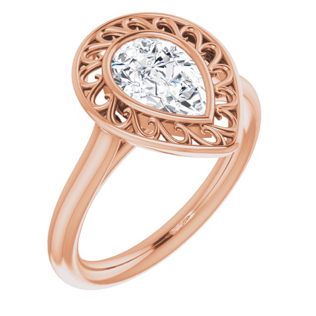 10K Rose Gold Customizable Cathedral-Bezel Style Pear Cut Solitaire with Flowery Filigree