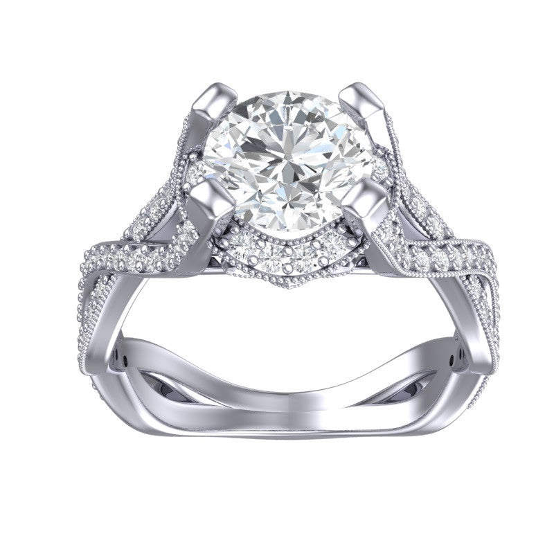 Cubic Zirconia Engagement Ring- The Jenna Riley (1.50 Carat Round Cut with Twisted Pavé Split Band, Under-halo, and Prong Accents)