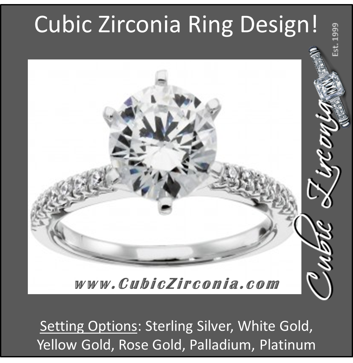 Cubic Zirconia Engagement Ring- The Alice (High-Set Round Cut Six Prongs Solitaire with Pavé Band)