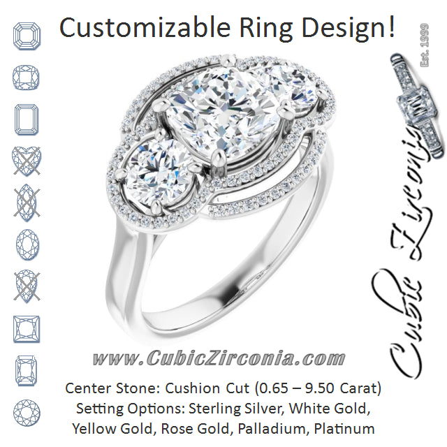 Cubic Zirconia Engagement Ring- The Fritzie (Customizable Cathedral-set Enhanced 3-stone Cushion Cut Design with Multidirectional Halo)
