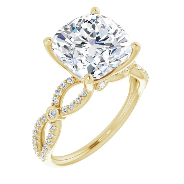 10K Yellow Gold Customizable Cushion Cut Design with Infinity-inspired Split Pavé Band and Bezel Peekaboo Accents