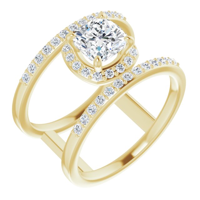 10K Yellow Gold Customizable Cushion Cut Halo Design with Open, Ultrawide Harness Double Pavé Band