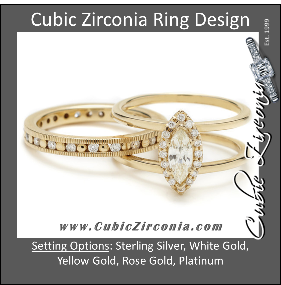 CZ Wedding Set, Double Banded Harness Ring with Round Channel Hand-Engraved Wedding Band