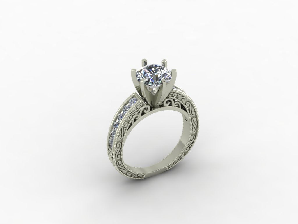 Cubic Zirconia Engagement Ring- The ________ Naming Rights 1404 (Customizable Channel Set with Engraved Pavé Band)