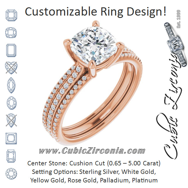 Cubic Zirconia Engagement Ring- The Isidora (Customizable Cushion Cut Center with Wide Pavé Accented Band)