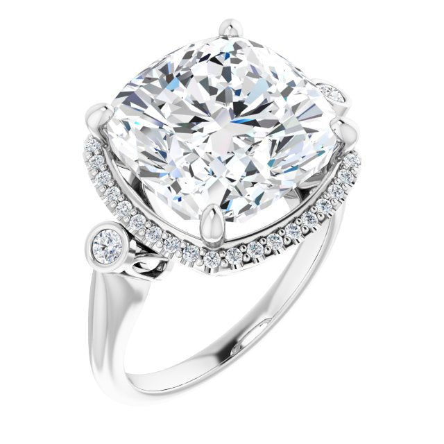 10K White Gold Customizable Cushion Cut Style with Halo and Twin Round Bezel Accents