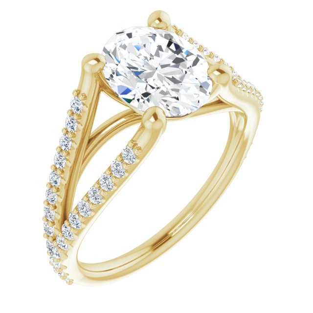 10K Yellow Gold Customizable Cathedral-raised Oval Cut Center with Exquisite Accented Split-band