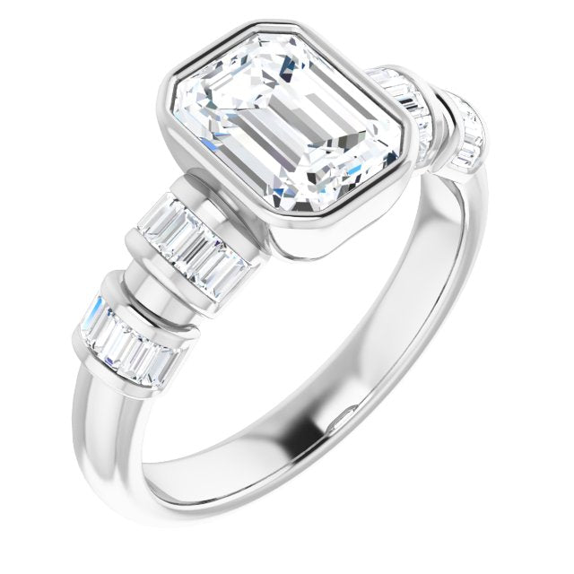 Cubic Zirconia Engagement Ring- The Astrid (Customizable Bezel-set Emerald Cut Design with Quad Horizontal Band Sleeves of Baguette Accents)