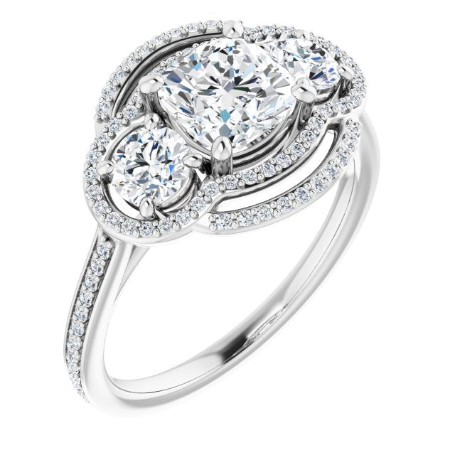 10K White Gold Customizable Enhanced 3-stone Double-Halo Style with Cushion Cut Center and Thin Band