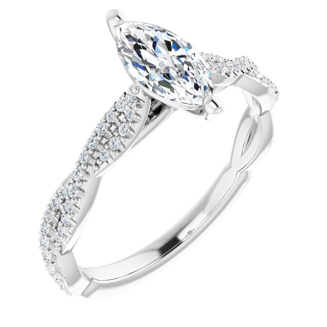 10K White Gold Customizable Marquise Cut Style with Thin and Twisted Micropavé Band