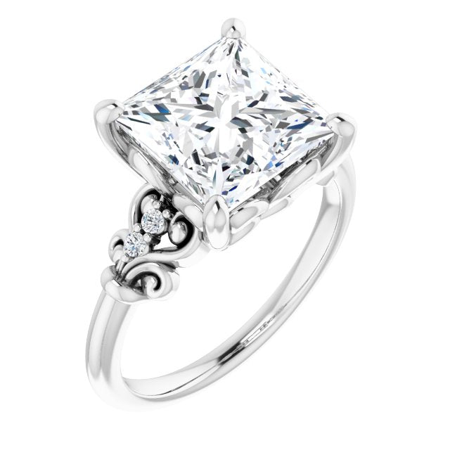 10K White Gold Customizable Vintage 5-stone Design with Princess/Square Cut Center and Artistic Band Décor