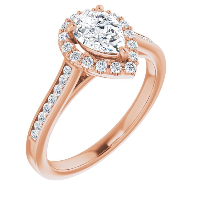 10K Rose Gold Customizable Pear Cut Design with Halo, Round Channel Band and Floating Peekaboo Accents
