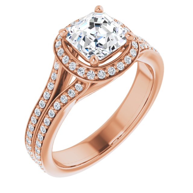 10K Rose Gold Customizable Cathedral-raised Asscher Cut Setting with Halo and Shared Prong Band