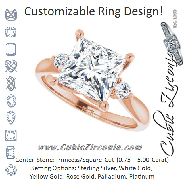 Cubic Zirconia Engagement Ring- The Amariah (Customizable 3-stone Princess/Square Cut Design with Twin Petite Round Accents)