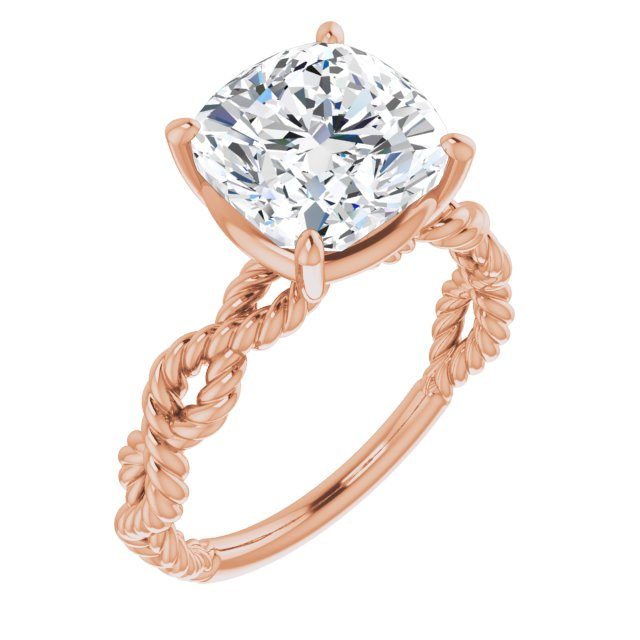 10K Rose Gold Customizable Cushion Cut Solitaire with Infinity-inspired Twisting-Rope Split Band