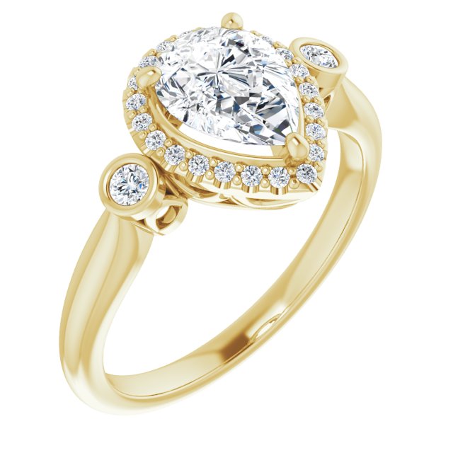 10K Yellow Gold Customizable Pear Cut Style with Halo and Twin Round Bezel Accents