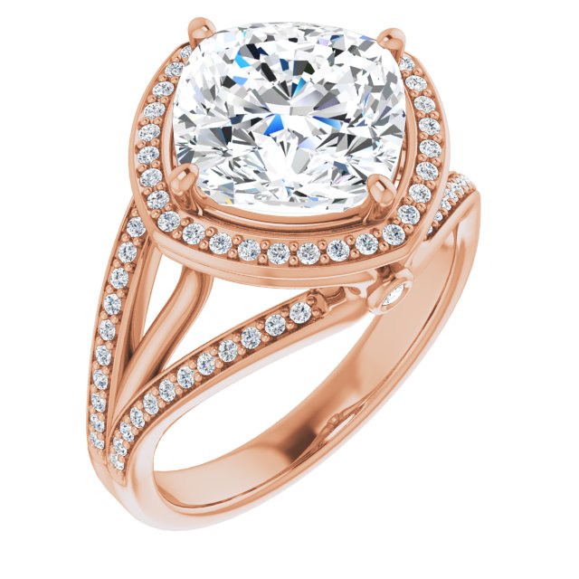 10K Rose Gold Customizable High-set Cushion Cut Design with Halo, Wide Tri-Split Shared Prong Band and Round Bezel Peekaboo Accents
