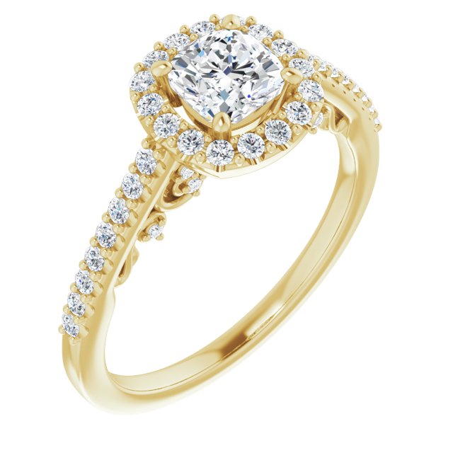 10K Yellow Gold Customizable Cathedral-Halo Cushion Cut Design with Carved Metal Accent plus Pavé Band