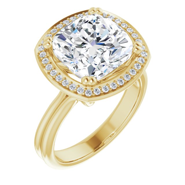 10K Yellow Gold Customizable Cushion Cut Style with Scooped Halo and Grooved Band