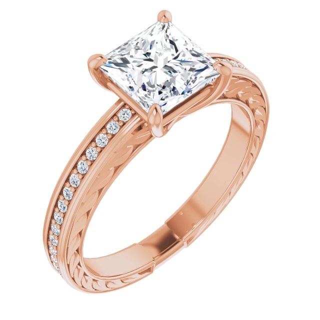 10K Rose Gold Customizable Princess/Square Cut Design with Rope-Filigree Hammered Inlay & Round Channel Accents
