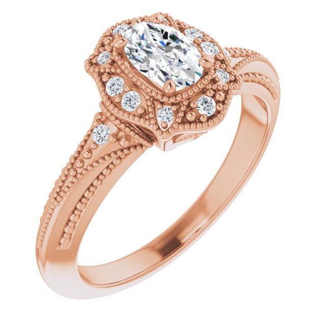 10K Rose Gold Customizable Vintage Oval Cut Design with Beaded Milgrain and Starburst Semi-Halo