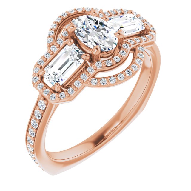10K Rose Gold Customizable Enhanced 3-stone Style with Oval Cut Center, Emerald Cut Accents, Double Halo and Thin Shared Prong Band