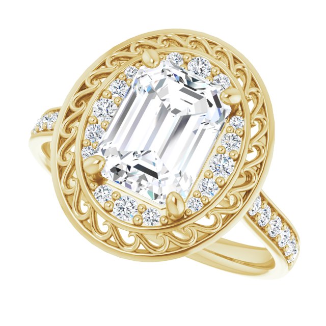 Cubic Zirconia Engagement Ring- The Ariané Contessa (Customizable Cathedral-style Emerald Cut featuring Cluster Accented Filigree Setting & Shared Prong Band)