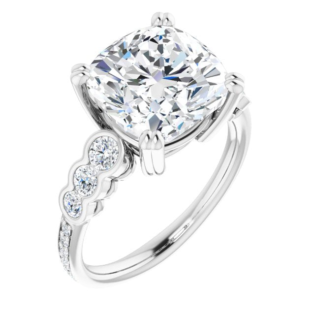10K White Gold Customizable Cushion Cut 7-stone Style Enhanced with Bezel Accents and Shared Prong Band