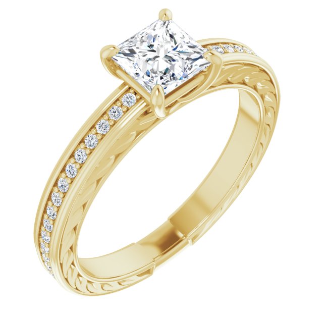 10K Yellow Gold Customizable Princess/Square Cut Design with Rope-Filigree Hammered Inlay & Round Channel Accents