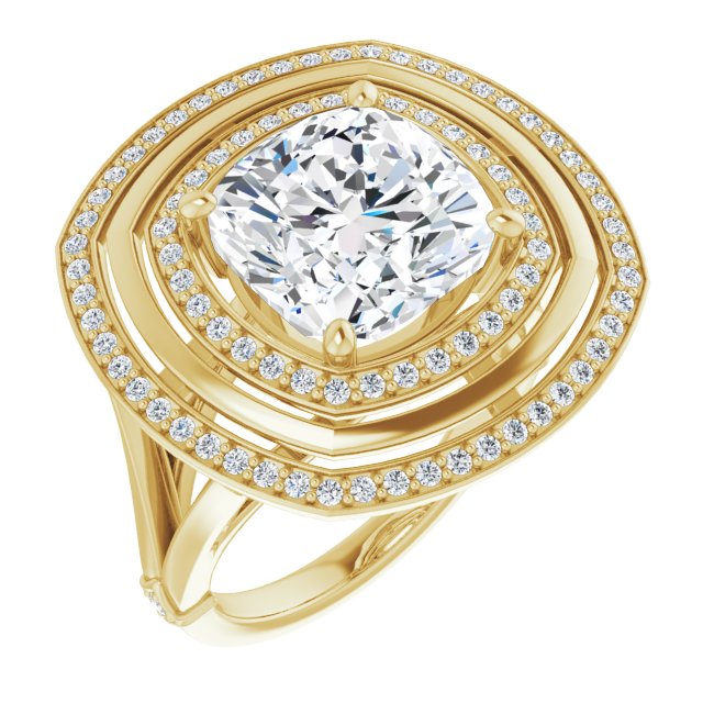 10K Yellow Gold Customizable Cushion Cut Oversized 2x Halo Style with Knuckle Accented Split Band