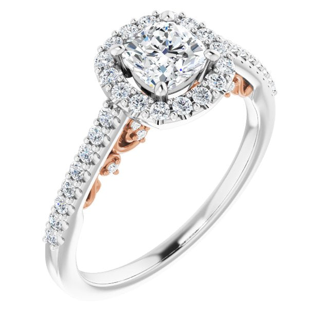14K White & Rose Gold Customizable Cathedral-Halo Cushion Cut Design with Carved Metal Accent plus Pavé Band